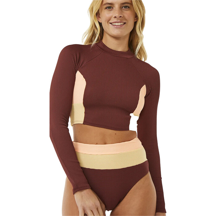 2024 Rip Curl Womens Block Party Spliced Long Sleeve Crop Top 0EIWSW - Plum